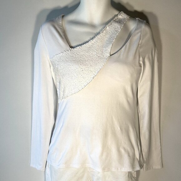 Boston Proper SZM White Top Sequin Asymmetrical Cut Out Dressy 80 Club Party Y2K - Picture 1 of 10